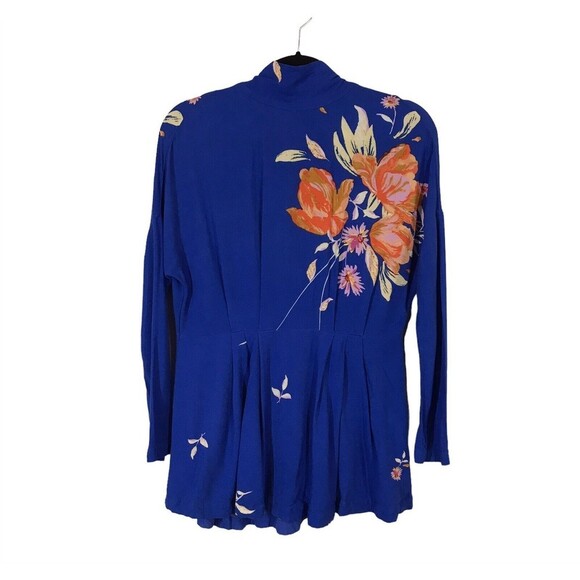 Free People Gemma Women's Size XS Tunic Blue Floral Mock Neck Tie Mini Dress - Picture 2 of 11